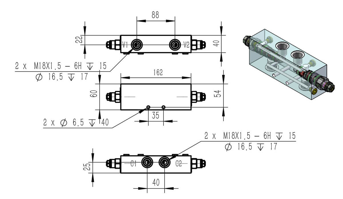 Cartridge valve in the side of the block